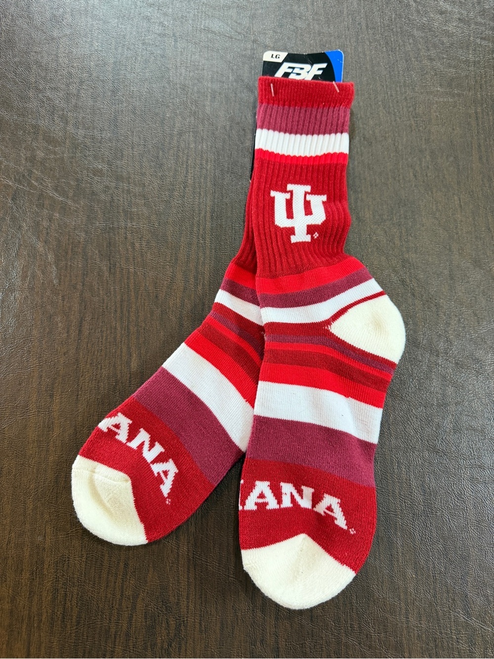 FBF Indiana University Red & White Striped Crew Socks Sz L NWT